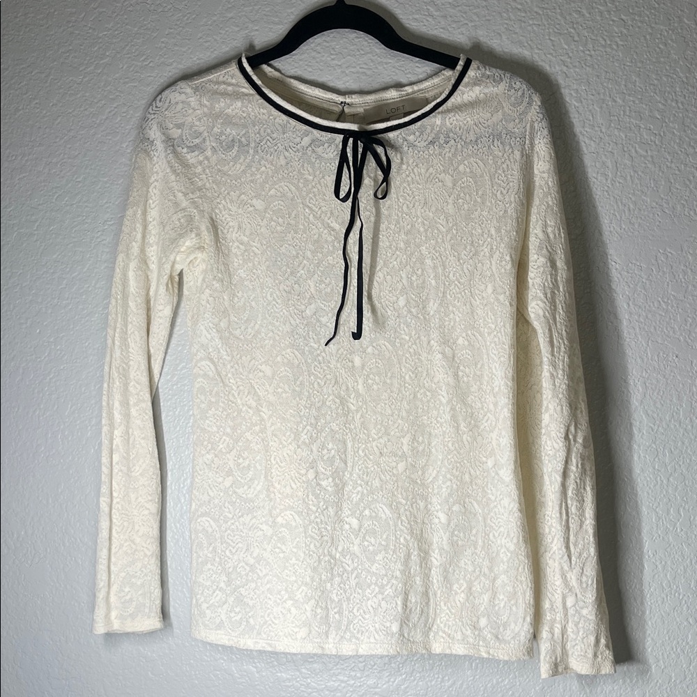 LOFT Cream Lace Long-Sleeve Top with Black Tie Trim